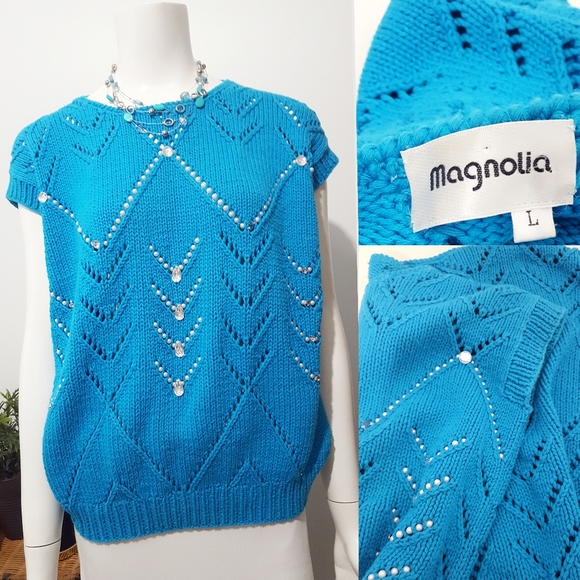 Vintage 80's Magnolia💙Turquoise Blue Embellished Sleeveless Knitted Top - Picture 4 of 10